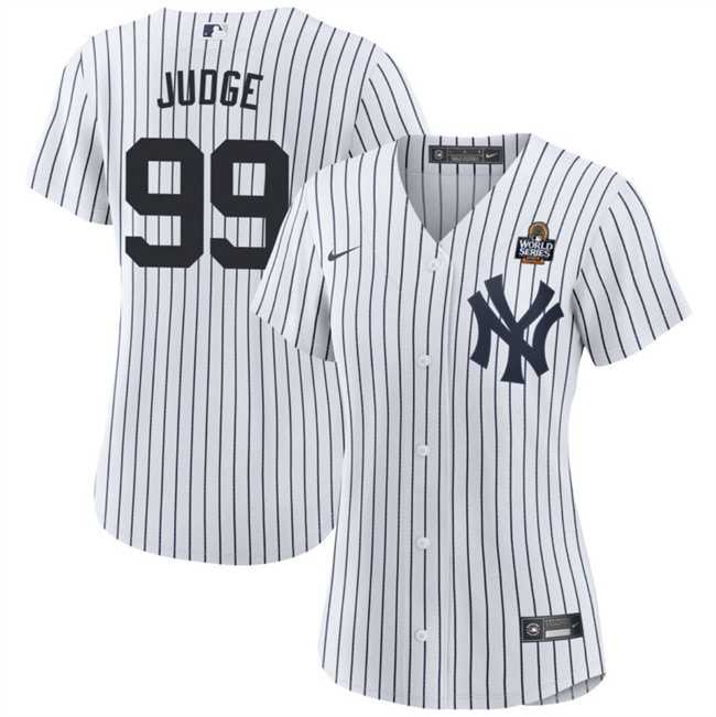 Women%27s New York Yankees #99 Aaron Judge White 2024 World Series With Name Cool Base Stitched Jersey Dzhi
